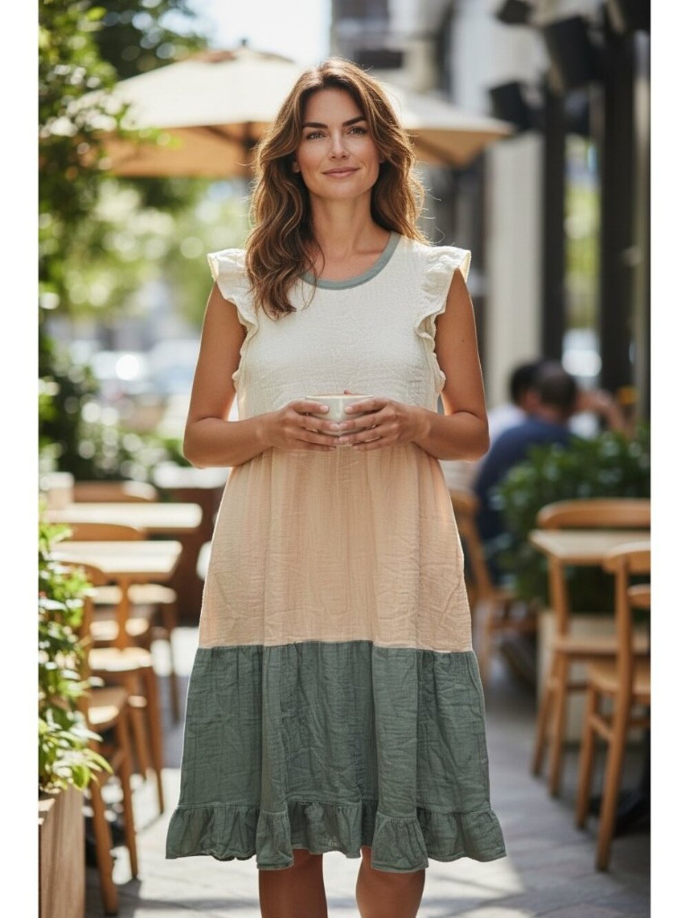 West & Wild Flutter Sleeve Color Block Maxi Dress Gauzy Cotton Green Size L Boho